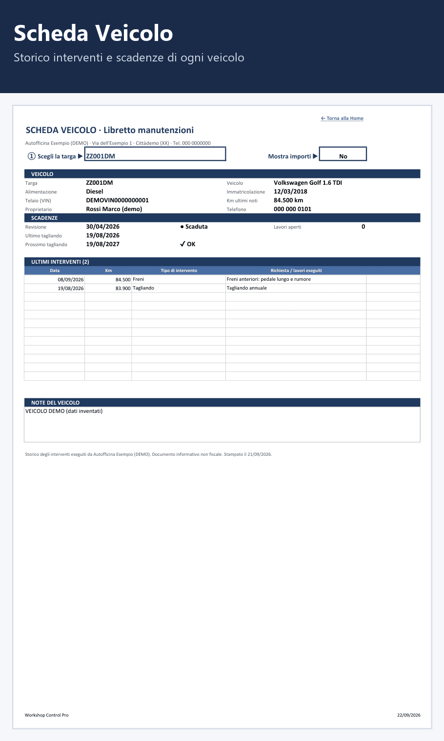 Scheda veicolo con lo storico degli interventi in Workshop Control PRO (dati di esempio)